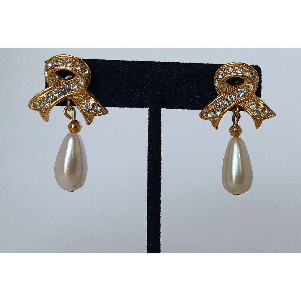 Clear Rhinestone Gold Tone Bow Faux Pearl Dangle Post Earrings Vintage 1.75 in - Picture 2 of 11
